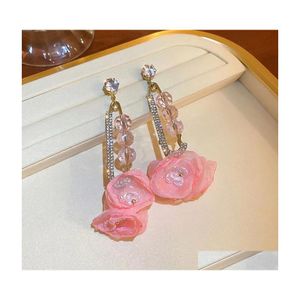 Cuelga los pendientes largos de la lámpara de la lámpara de Rose para las mujeres Cadena de diamantes de imitación de la flor que cuelga la entrega de la joyería de la vendimia Dhql4