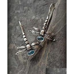 Dangle kroonluchter Sier Womens Dragonfly oorbellen ingelegd met blauwe stenen Dangle voor drop levering sieraden oorbellen Dhgarden Otls4