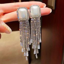 Bengelen kroonluchter zilveren anti -vervaging glanzende zirkon parel tassel oorbellen voor vrouwshow feest dating lange mode sieraden accessoires