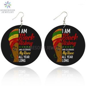 Dangle Chandelier SOMESOOR Black History Race Toute l’année Boucles d’oreilles en bois africaines Afro Headwrap Woman Power Saying Design237h
