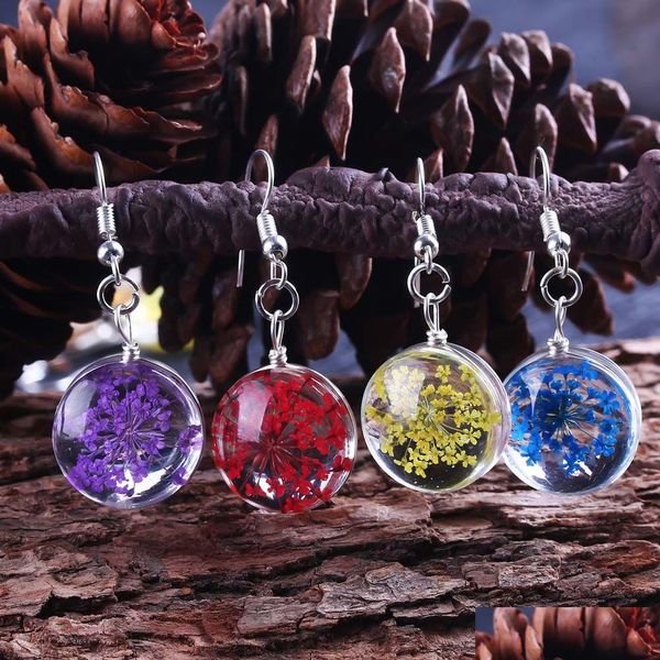 Dangle Lustre Printemps Fleur Séchée Boucles D'oreilles Boule De Verre Pressé Boucle D'oreille Pour Les Femmes Unique Mode Coréenne Mignon Bijoux Cadeaux Drop De Dhqre