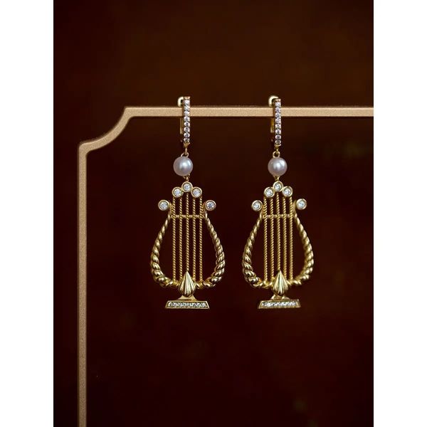 Cuelga la lámpara elegante vintage 14k 18k chapado en oro arpa perla oreja gota larga borla circón pendiente mujeres únicas Italia Art Deco joyería 231208