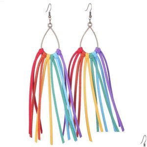 Dangle Lustre Teardrop Accentué Arc-en-ciel Daim Cuir Gland Boho Boucles D'oreilles Pour Femmes Mode 16 Cm Longue Frange Déclaration Bijoux D Dhtnd