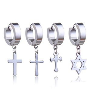 Bengelen Kroonluchter Titanium Staal Cross Star Drop Nep Piercing Punk Oorbellen Mannen Hypoallergeen Niet-Piercing Clip Op Hoop Oor Ringen Dh8Hg