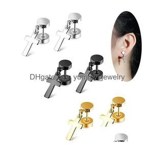 Dangle Lustre Titane Acier Haltère Croix Conception Boucles D'oreilles Pour Hommes Femmes Punk Crucifix Double Face Vis-Back Hypoallerge Dhyls