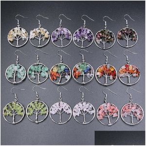 Dangle Lustre Arbre De Vie Boucles D'oreilles Puce Naturelle Pierre Gemme Opale Oeil De Tigre Rose Cristal Crochet Boucle D'oreille Femmes Bijoux Livraison Dhg6W