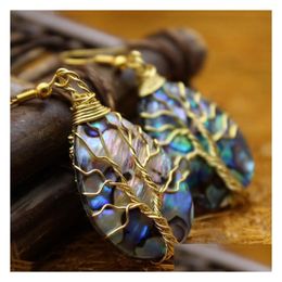 Bengelen Kroonluchter Tree Of Life Earring Golden Wire Wrapped Teardrop Abalone Paua Shell Organic Cabochon 5 Pairs Drop Delivery Jewe Dhlyi