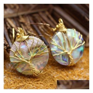 Bengelen Kroonluchter Tree Of Life Earring Golden Wire Wrapped Round Abalone Paua Shell Organic Cabochon 5 Pairs Drop Delivery Sieraden Dh0M1