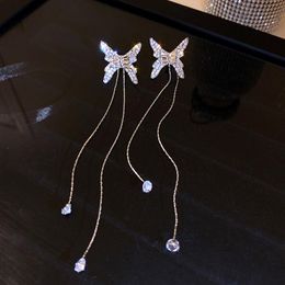 Dangle Kroonluchter Trendy 925 Silver Crystal Butterfly Kwastje Oorbellen Voor Vrouwen Koreaanse Mode-sieraden S925 Naald Glanzend Zirkoon Gift