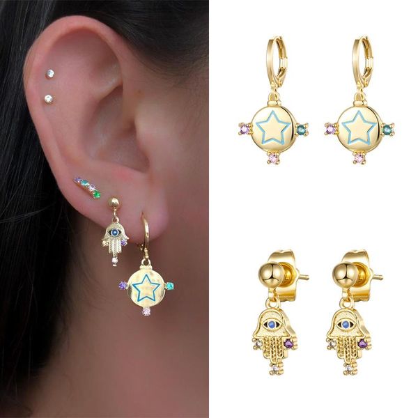 Ciondola il lampadario Trendy Cubic Zirconia Placcato oro Lucky Eye Orecchini a mano di Hamsa per le donne Drop Jewelry WholesaleDangle