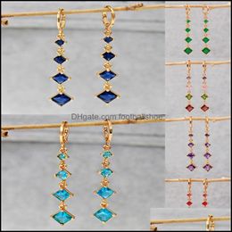 Dangle Kroonluchter Trendy Goud Koper Oorbellen Rood Paars Vierkant Zirkonia Steen voor Vrouwen Meisjes Mode-sieraden Assons Wedding Drop Deli