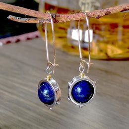 Lustre Tribal rond, boucles d'oreilles en pierre bleue marine naturelle, Vintage, pendentif en métal doré, boule d'astronomie rotative