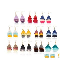 Dangle lustre conception unique trois couches boucles d'oreilles en fil de coton pour les femmes mode Colorf bohème gland fête bijoux de mariage Dhc9Z