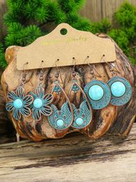 Chandelier en peluche vintage Boho Blue Blue Turquoise Drop Boucles d'oreilles Set ethniques Géométriques Pilk Bronze Pendre Oreille Femmes Bijoux à la mode