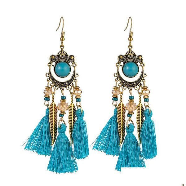 Dangle Lustre Vintage Ethnique Long Gland Boucle D'oreille Perle Acrylique Cristal Perles De Riz Croissant Plume Boucles D'oreilles Pour Les Femmes Drop Deli Dhfg5