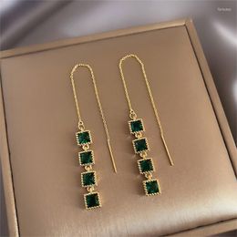 Bengelen kroonluchter vintage groen kristal lange draad kikker oorbellen voor vrouwen klassieke vierkante strass earring Koreaanse mode sieraden gif