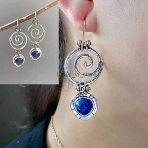 Chandelier en peluche vintage Hollow Spirale Boute d'oreilles en pierre bleue Boutelles Femme ethnique Bijoux métallique Antique Color Whirl Crochet Gift H240423