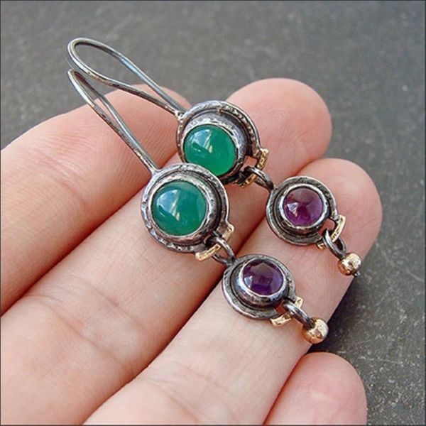 Dangle Lustre Vintage Bijoux Naturel Vert Émeraude Et Violet Améthyste Gemme Crochet Boucle D'oreille De Mariage Boucles D'oreilles De Fiançailles Pour WomenDan