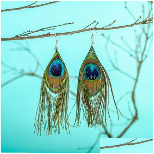 Dangle Chandelier Vintage Paon Dangle Boucle D'oreille Pour Femmes Femme Bohème Été Ethnique Gland Longues Plumes Boucles D'oreilles Boho Vacances Dhyru