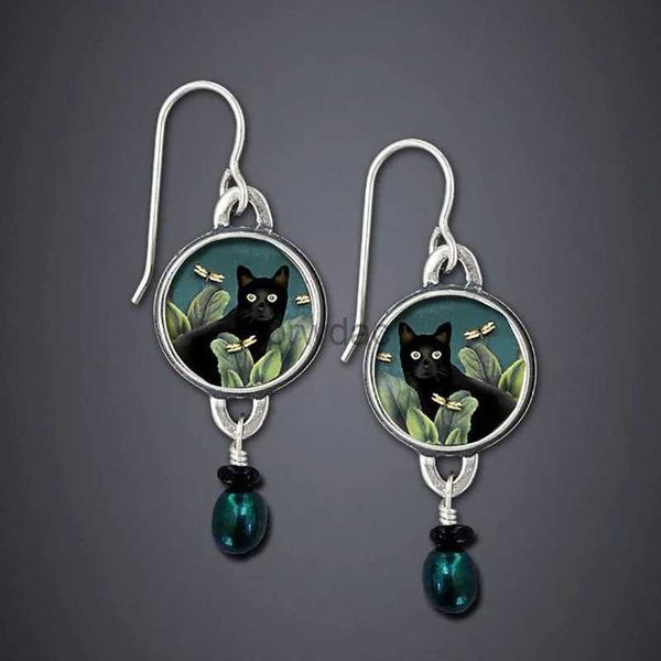 Boucles d'oreilles de chat noir rondes de Chandelier vintage pour femmes pourhniques Antique Silver Color Paint Feuilles vertes Blauwe Parel Boucles d'oreilles D240323