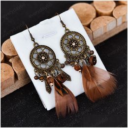 Perle en bois de femme vintage en bois vintage Boucles d'oreilles de plumes