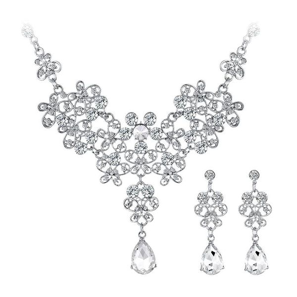 Dangle Lustre Ensembles De Bijoux De Mariage Pour Femmes Charmantes Accessoires Strass Verre Cristal Collier Boucles D'oreilles Ensemble Argent ColorDangle