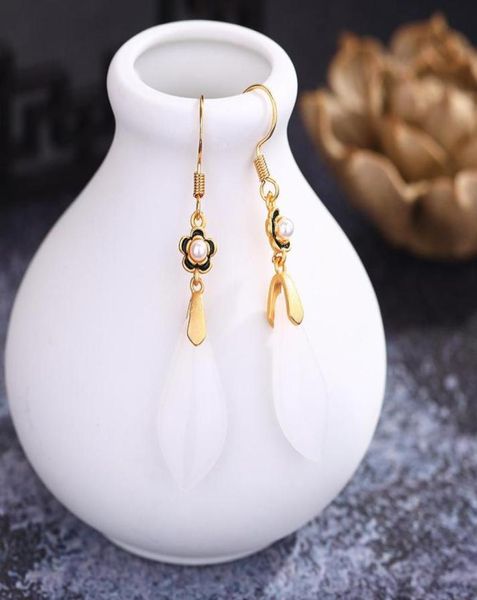 Dangle Chandelier Boucles d'oreilles en jade blanc naturel 925 argent pierre jadéite charmes sculptés femmes accessoires chinois bijoux de créateur 6752893