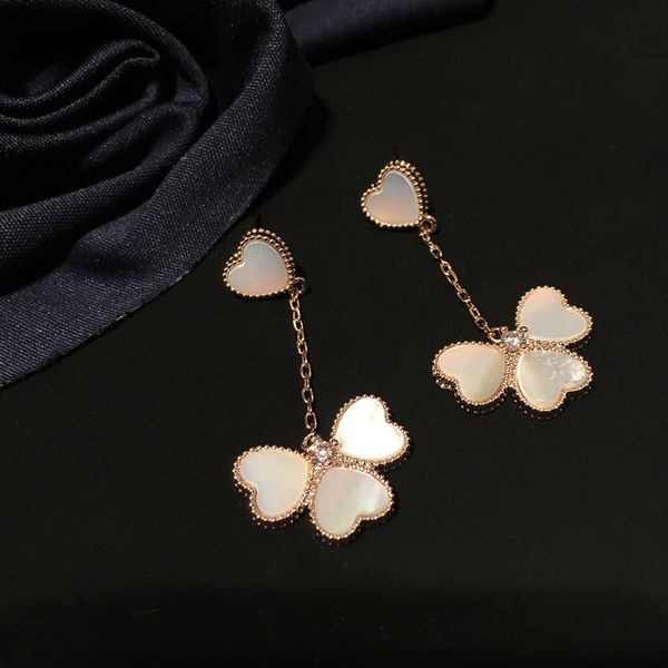 Dangle Lustre Blanc Coquillage Naturel Nacre Cz Cristal Pierre Coeur Feuille Fleur Charme Pendentif Longue Boucles D'oreilles Élégantes Boucles D'oreilles