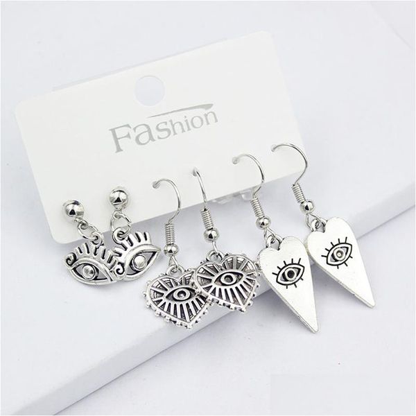 Cuelga la lámpara al por mayor 3PRS Pendientes Set Evil Eye Dangle Lucky Fátima Hamsa Pendiente de gota de mano para las mujeres Joyería Mothe Dhgarden DH5QP