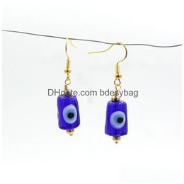 Dangle Kroonluchter Groothandel Evil Eye Dangle Oorbellen Lampwork Murano Glas Blauwe Cilinder Oorbel Voor Vrouwen Moeder Cadeau Lucky Family Dh0Bj