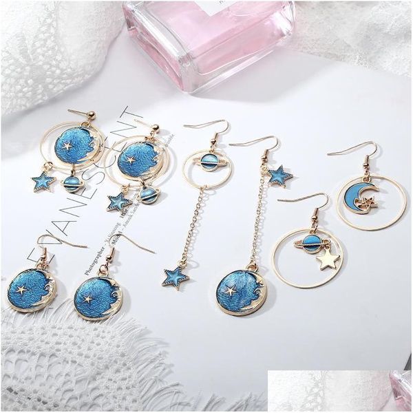 Dangle Lustre En Gros Filles Japonaises Et Coréennes Coeur Bleu / Rose Étoile Planète Boucles D'oreilles Petit Frais Long Gland Asymétrique Goutte E Dhway