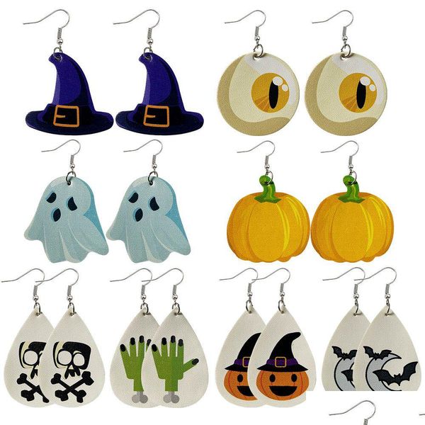 Cuelga la lámpara al por mayor PU Cuero artificial Impresión de doble cara Cuelga los pendientes Regalo exclusivo de Halloween para las mujeres Drop Deli Dhgol