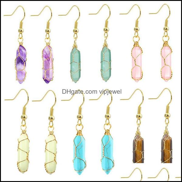 Dangle Chandelier Wire Wrap Reiki Guérison Cristal Naturel Pierre Dangle Boucles D'oreilles Chakra Hexagone Prisme Rose Quarz Opale T Dhseller2010 Dhzah