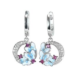 Femmes de lustre en pendaison 925 Sier délicat en émail bleu papillon des boucles d'oreilles de gouttes Giftangledangle livraison de bijoux dhjvu