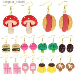 Dangle Chandelier Mujeres Parring de resina Drop Funny Custom Custom Lindy Girls Eardrop Kids Chocolate Sterry Hamburguesa Hot Dog Hotroom Brócoli Coffeel231219