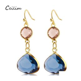 Pendientes colgantes de cristal a la moda para mujer, diamantes de imitación, cristal azul/rosa, cobre negro, oreja de Metal dulce para regalo de niña, venta al por mayor, Otxus