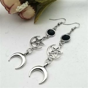 Boucles d'oreilles pendantes en forme de croissant de déesse, pierre de naissance noire et pentagramme, sorcière, lune, bijoux gothiques célestes, bijoux solaires GC1068