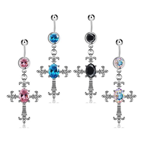 Dangle Cross Nombril Anneaux En Acier Inoxydable Faux Gem Incrusté Corps Piercing Nombril Barbell Anneau avec Croisement Charme