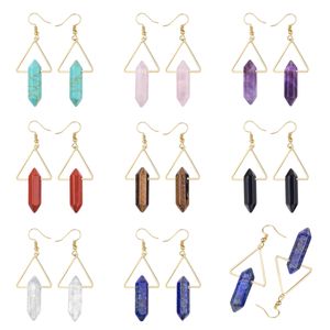 Pendientes colgantes de gota para mujeres y niñas, puntas dobles hexagonales, cristal curativo, cuarzo, chapado en oro, triángulo, joyería para oreja con gancho