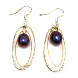 Boucles d'oreilles pendantes en argent Sterling 925, Double anneau, noir naturel, perles de 7 à 8mm, crochet lustre, 1.5 pouces