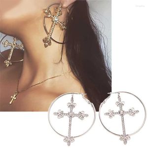 Boucles d'oreilles pendantes pour femmes, 1 paire, grand cerceau, croix, goutte de métal, cristaux, couleur or, bijoux ronds, accessoires Vintage