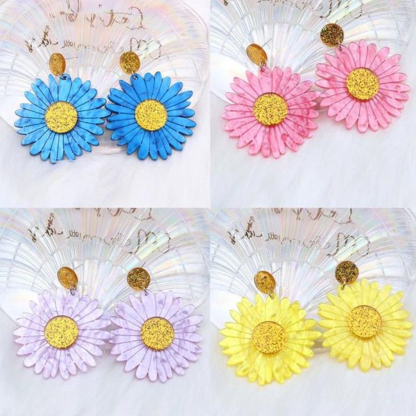 Boucles d'oreilles pendantes 1 paire, joli tournesol à panneaux contrastés pour femmes, fleur de marguerite esthétique, goutte en acrylique, accessoire de mode