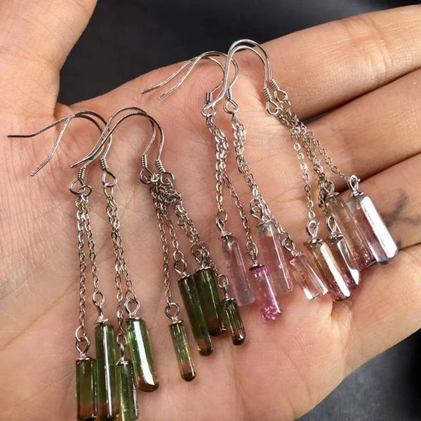 Boucles d'oreilles pendantes 1 paire Fengbaowu naturel brut Tourmaline colonne pilier boucle d'oreille 925 en argent Sterling cristal pierre de guérison bijoux de mode