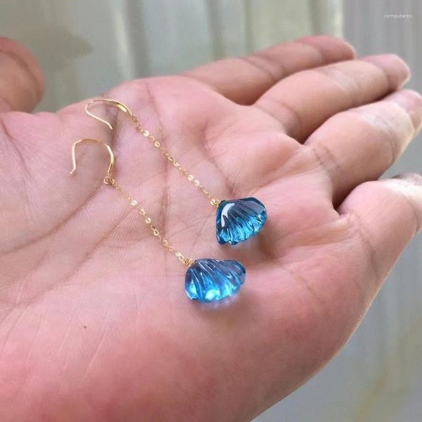 Fengbaowu – boucles d'oreilles pendantes en coquillage d'aigue-marine naturelle 7A, or 18 carats, pierre de guérison Reiki, bijoux cadeau pour femmes, 1 paire