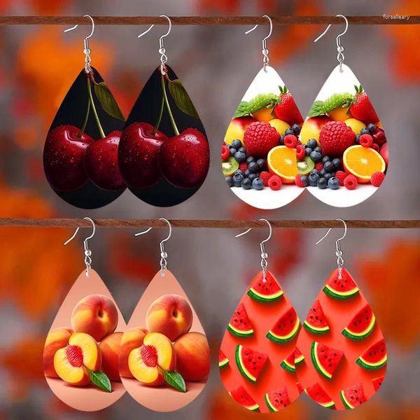 Pendientes colgantes para niña, 1 par, lágrima de frutas bonitas, estampado en ambos lados, cereza, melocotón, sandía, joyería de madera