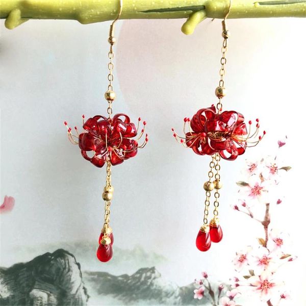 Boucles d'oreilles pendantes 1 paire de bijoux de fleur de Lycoris Radiata rouge travaillés à la main bijoux Hanfu style ancien Cheongsam crochets d'oreille femmes fille cadeau