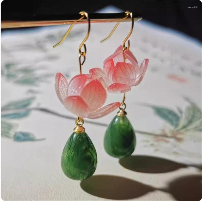 Dingle örhängen 1 par lotus öronkrokar handgjorda kinesiska stil söta smycken hanfu cheongsam smycken kvinnor flicka gåva