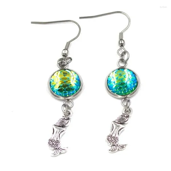 Boucles d'oreilles pendantes en résine, 1 paire, échelle de poisson sirène, Dragon, Design de dessin animé, goutte de queue, crochets d'oreille féminins, bijoux cadeau