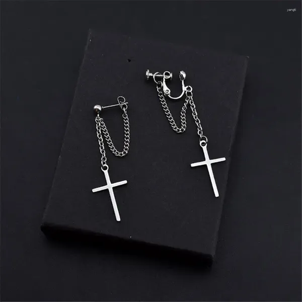 Boucles d'oreilles pendantes 1 paire, chaîne croisée Super Cool, belle personnalité de rue, Clip d'oreille élastique foncé, mode féminine, non percé