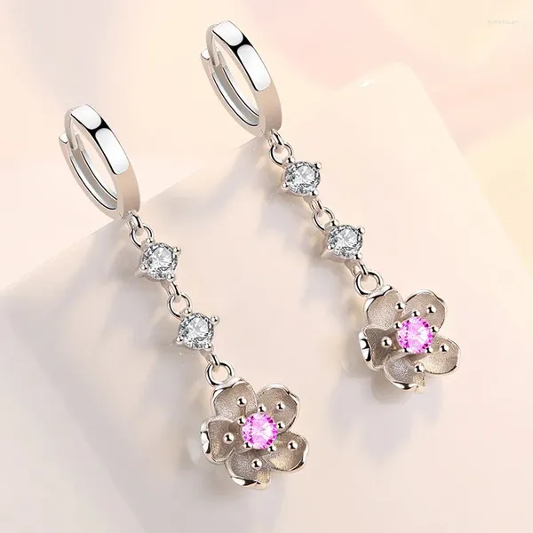 Boucles d'oreilles pendantes pour femmes, 1 paire, mignon, fleur de cerisier, pompon incrusté de Zircon, Clip d'oreille, bijoux à la mode pour dames, E2227